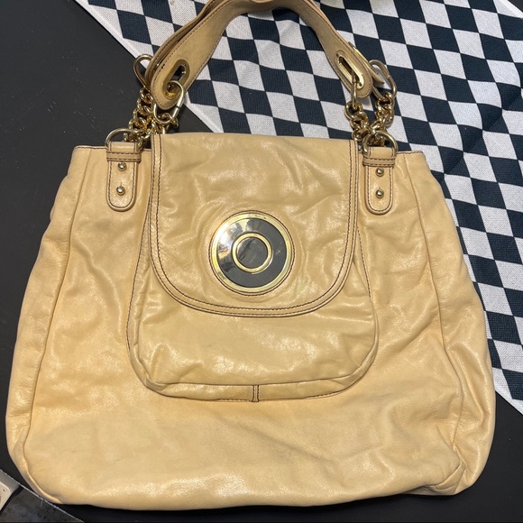 Badgley Mischka Handbags - Badgley Mischka Tan Vegan Leather Shoulder Bag Buttery Soft Gold Handles 13x16”